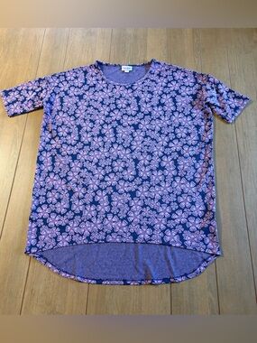 LuLaRoe Irma Top Small Pink Blue Floral High Low Tunic Stretch Casual Boho